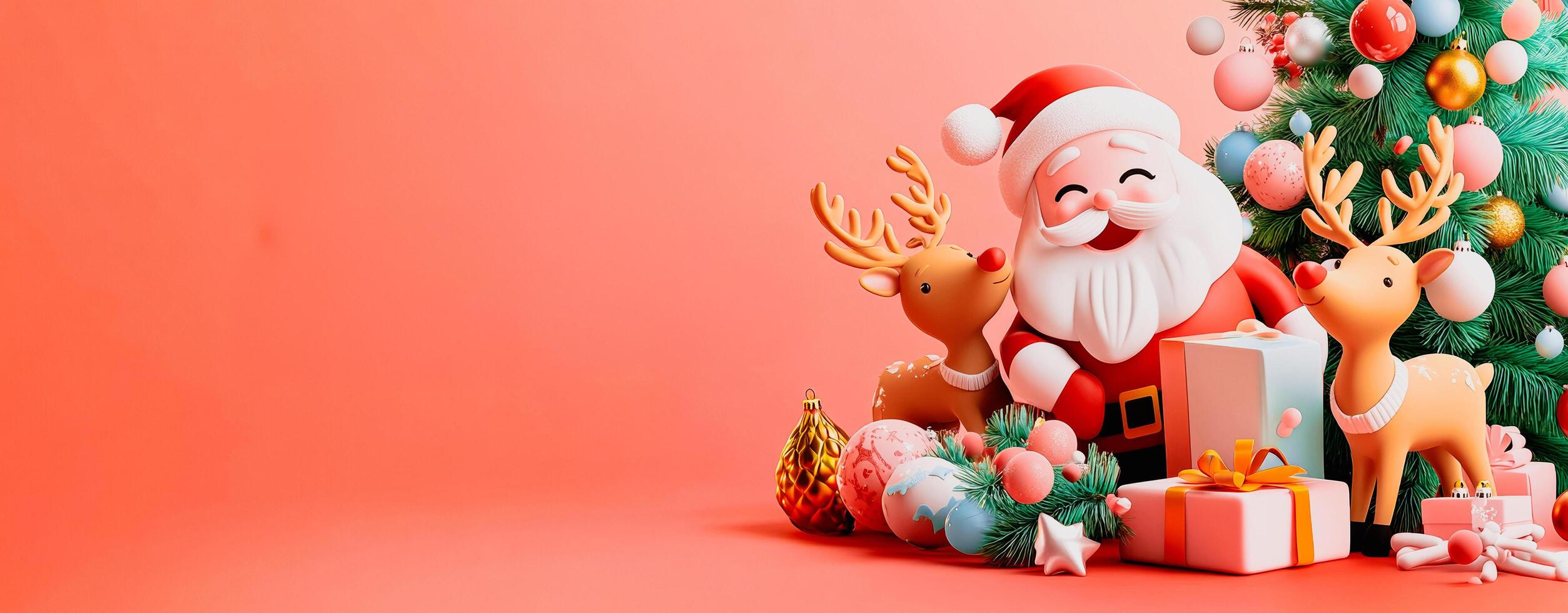 3d render of santa claus and reindeer on a red background photo