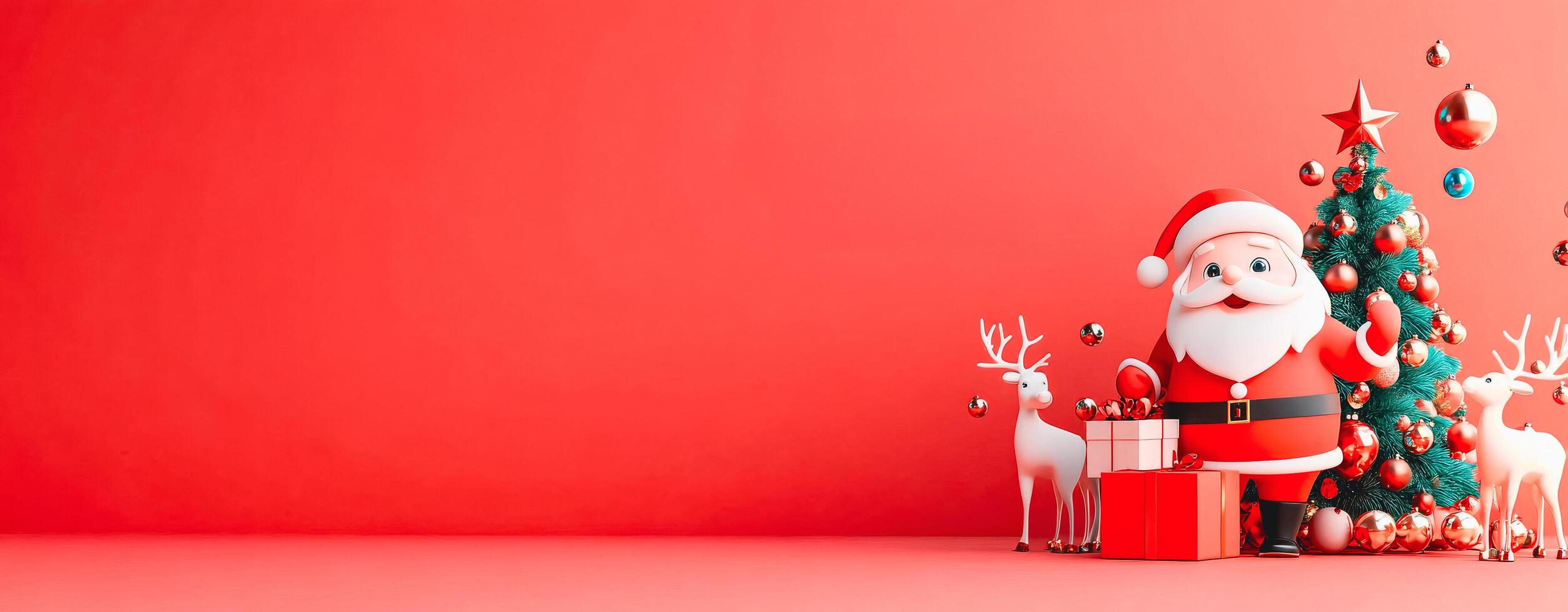 3d santa claus with christmas tree and deer on red background photo