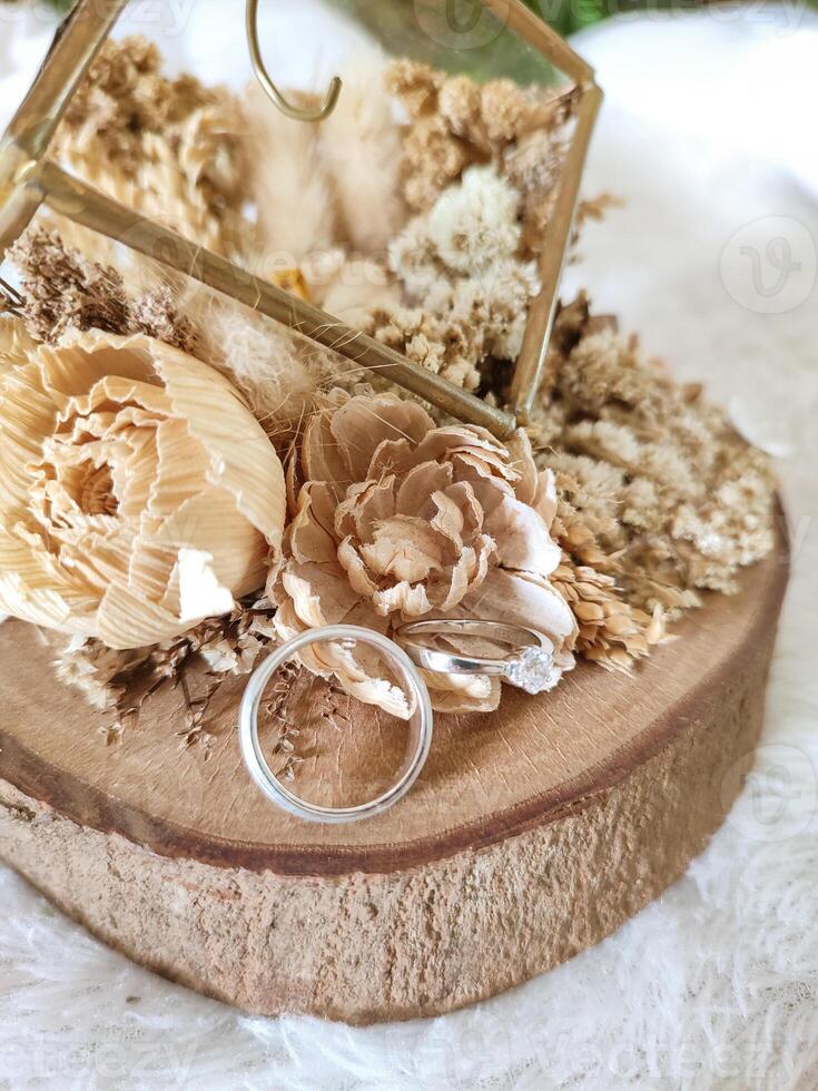 Elegant Wedding Ring Holder with Floral Decorations photo