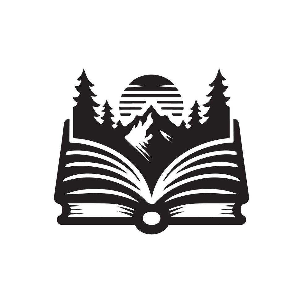 An open book with mountains and trees in the background vector