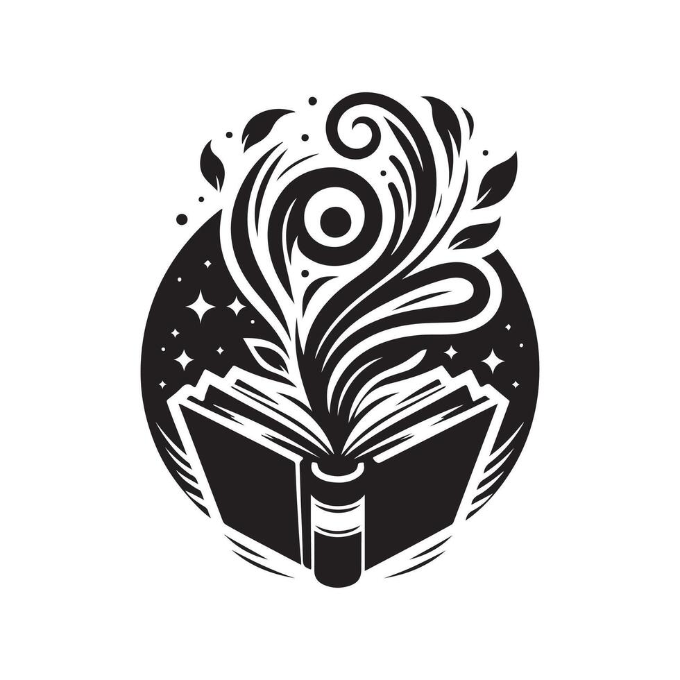 An open book with a swirl of stars and swirls vector