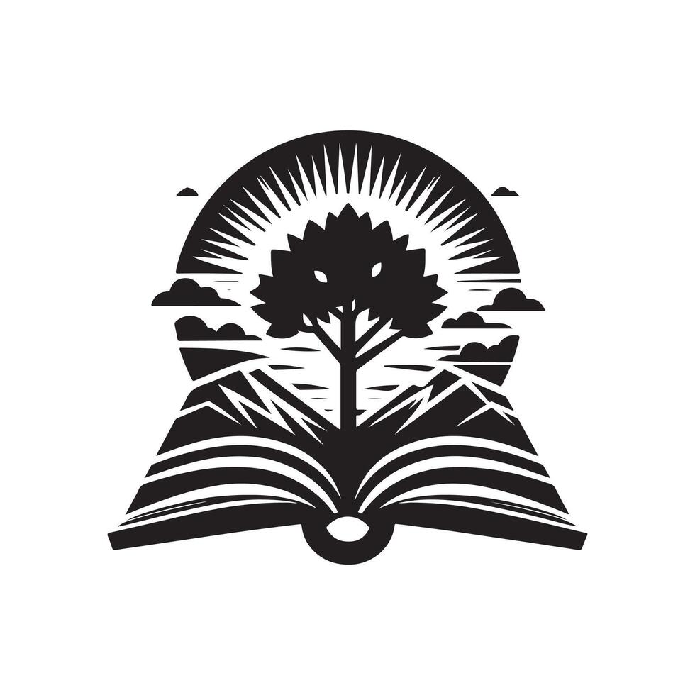An open book with a tree in the middle and mountains in the background vector