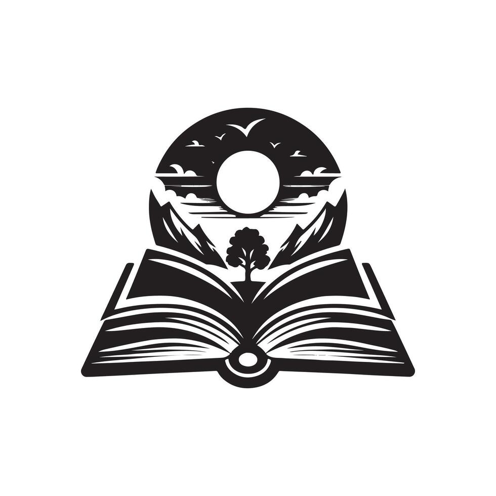 An open book with a tree and mountains in the background vector