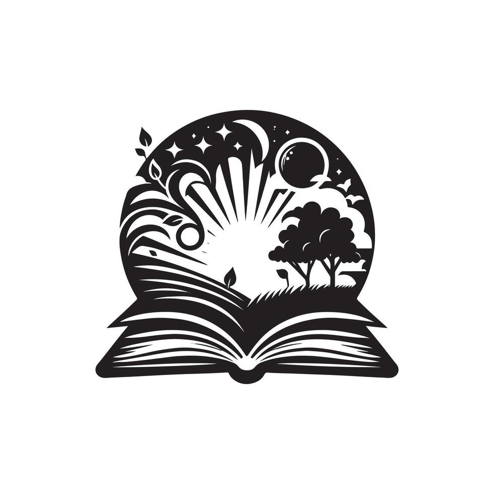 An open book with a tree and a sun in the background vector