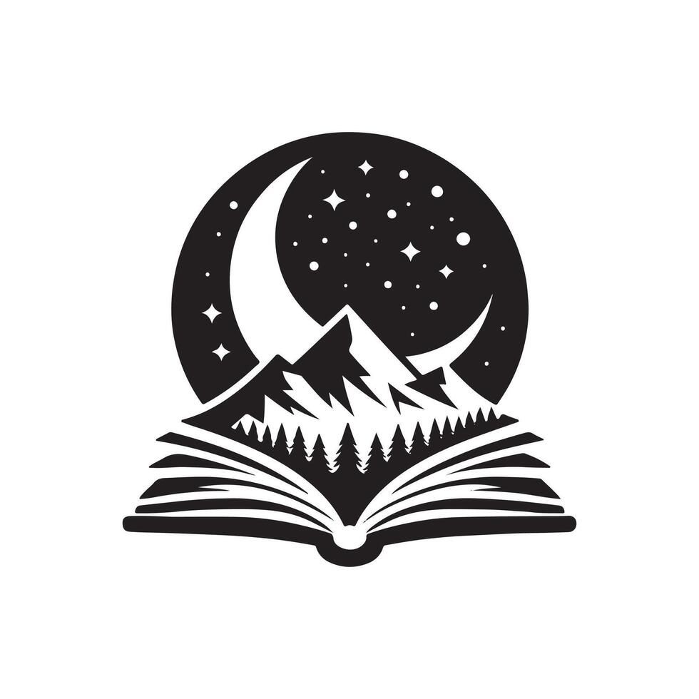 An open book with mountains and a moon in the background vector