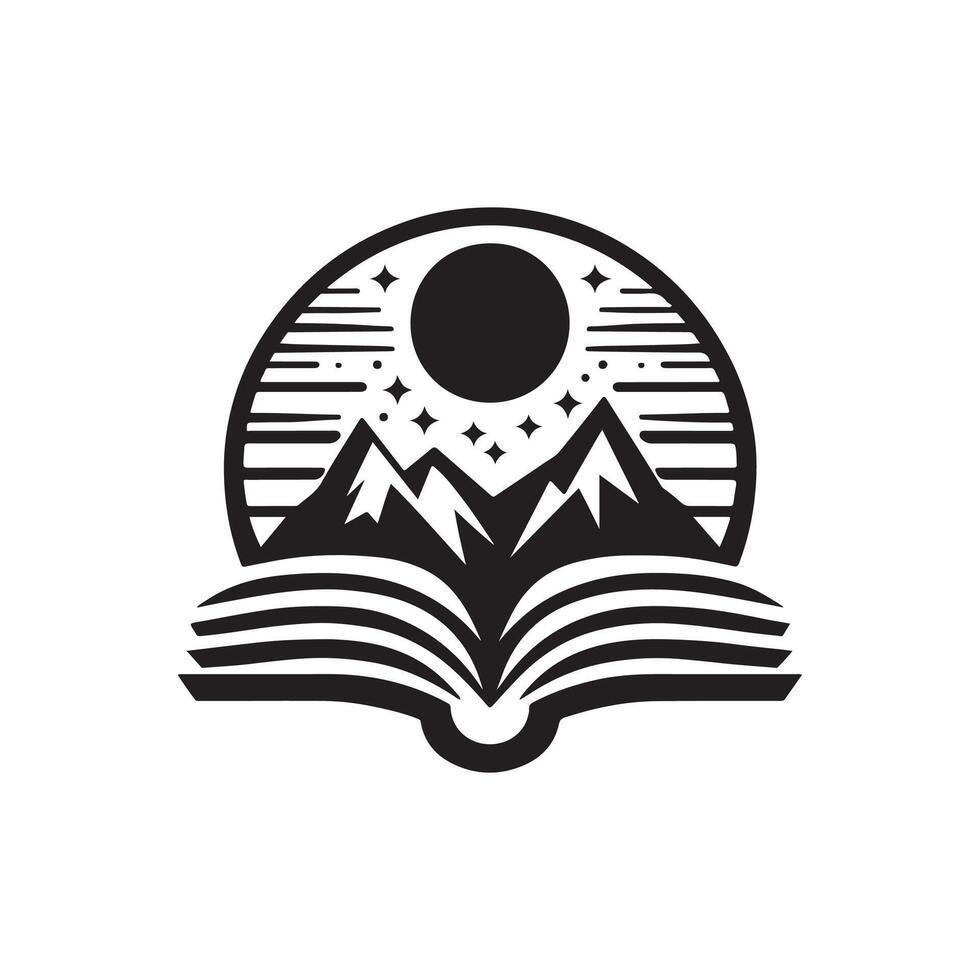 An open book with mountains and a moon in the background vector