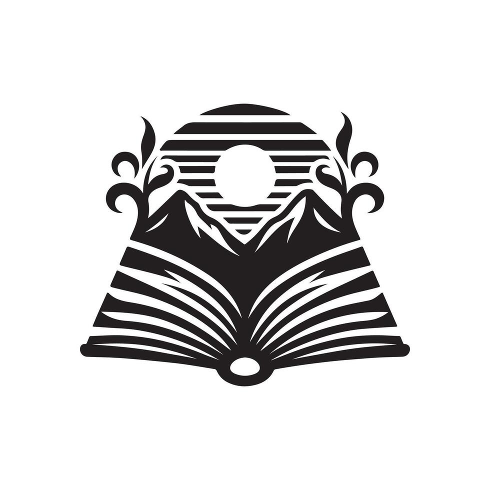 An open book with mountains and a sun in the background vector