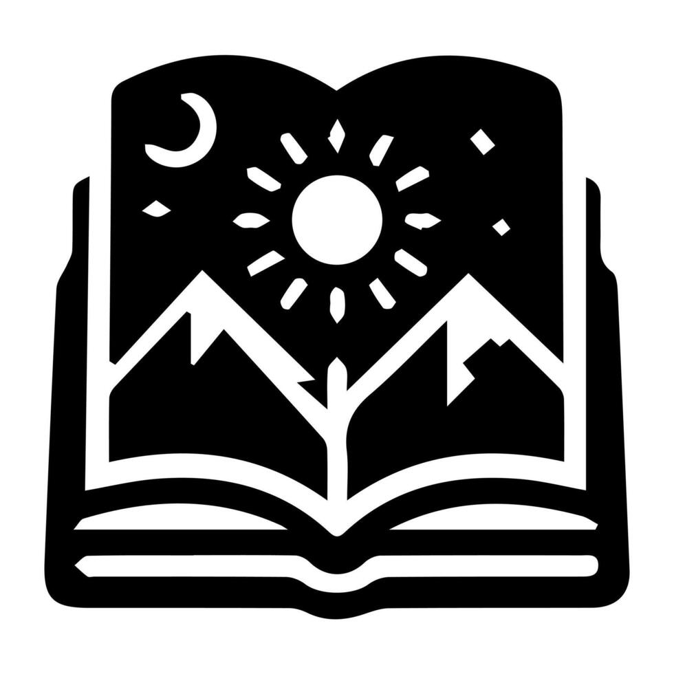 An open book with mountains and sun in the background vector