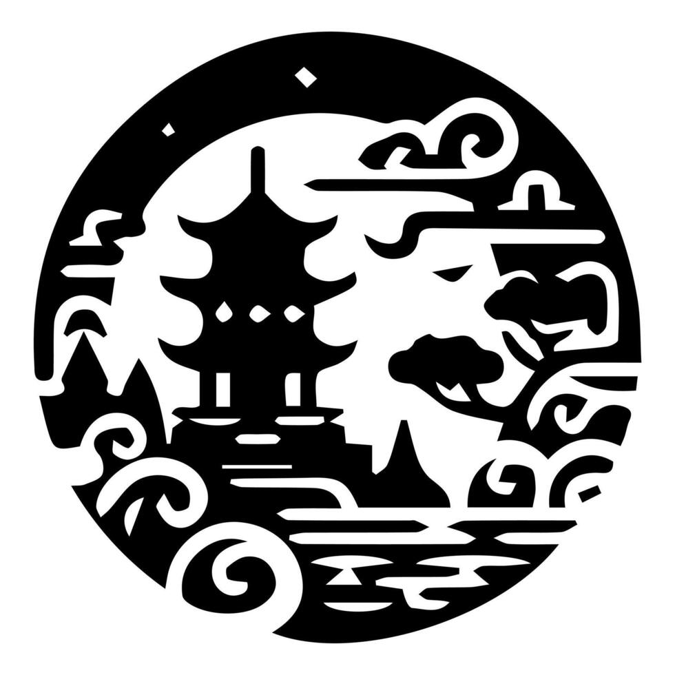 Chinese paper cut art of a pagoda and trees vector