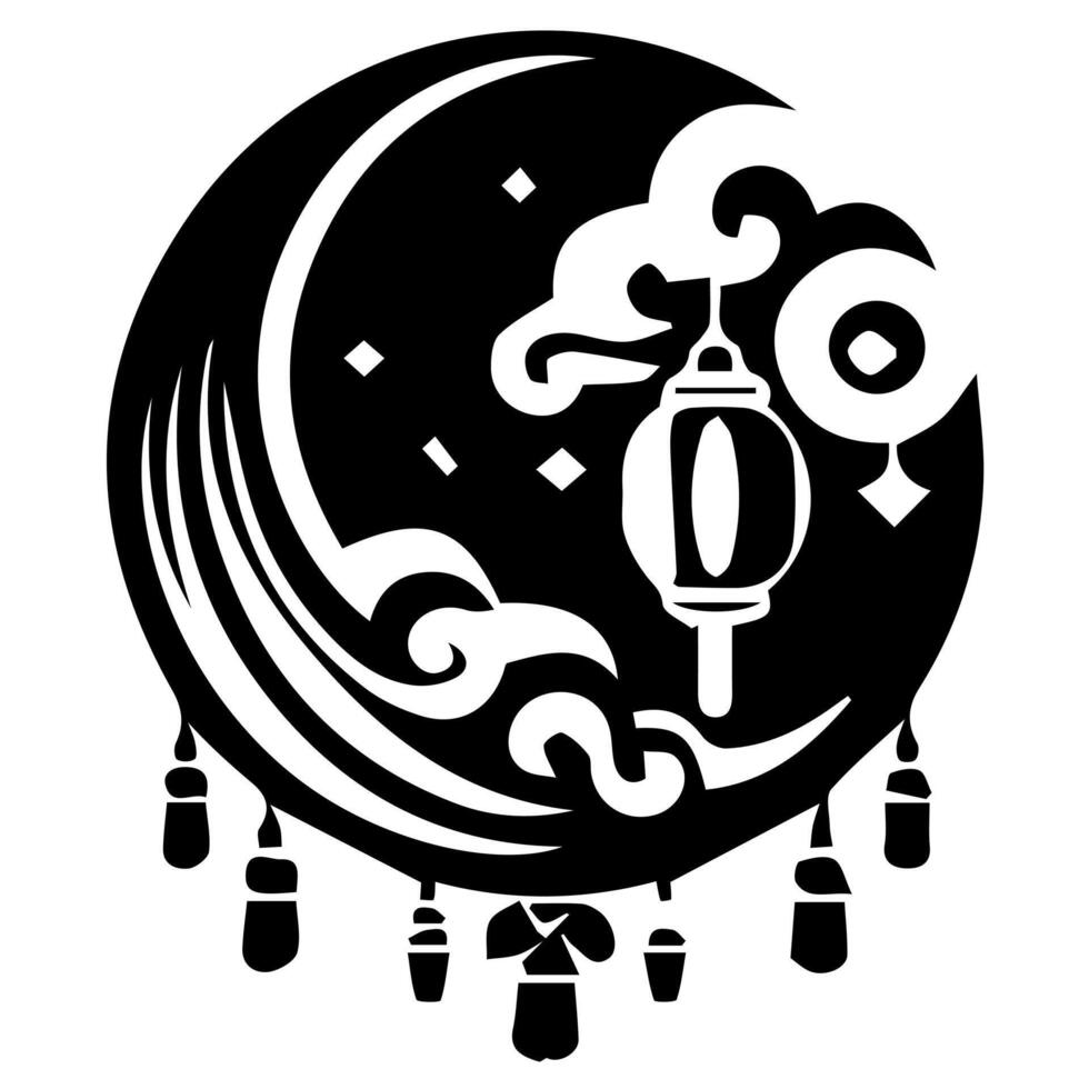 Chinese lanterns and moon in black and white vector