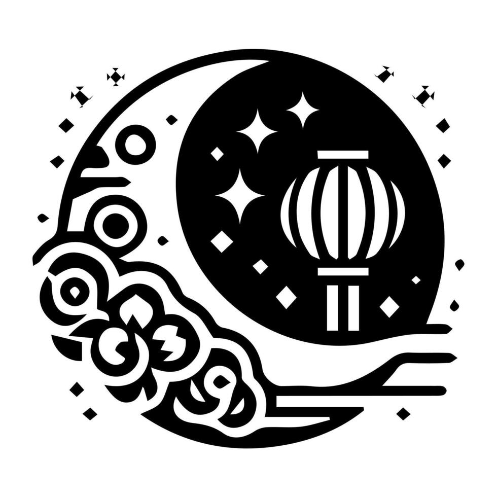 A black and white logo of a moon with a lantern vector