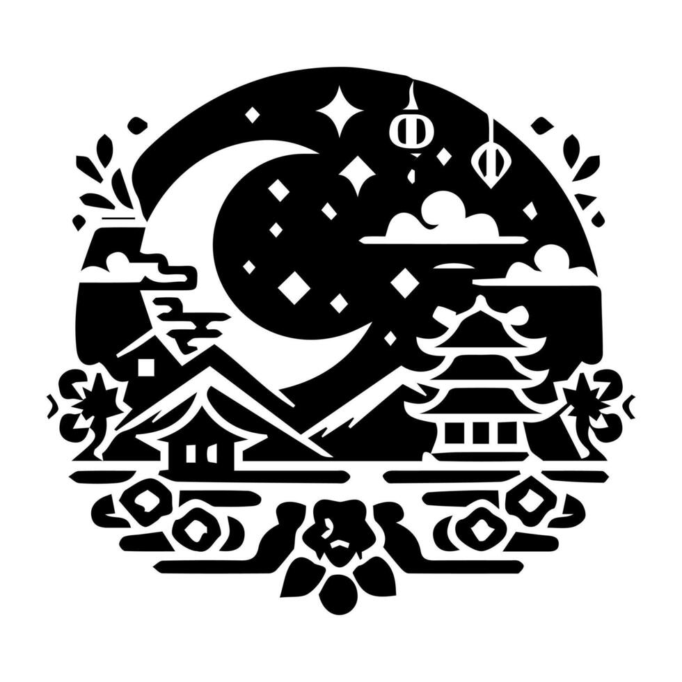 A black and white illustration of a moon and a pagoda vector