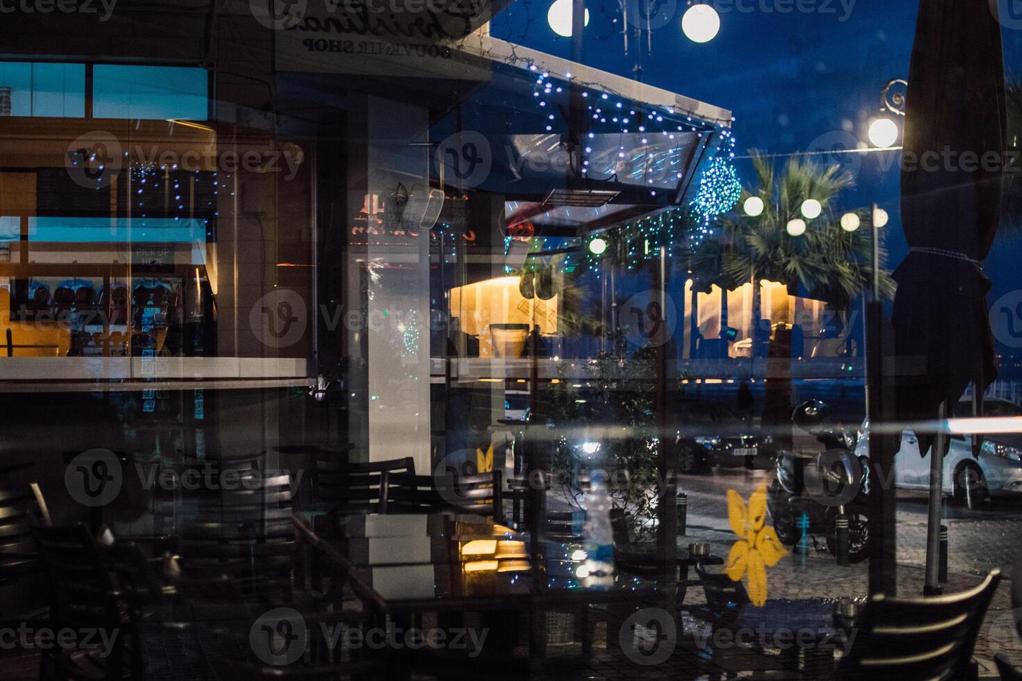 the night streets of Larnaca, Cyprus are decorated for the New Year and Christmas photo