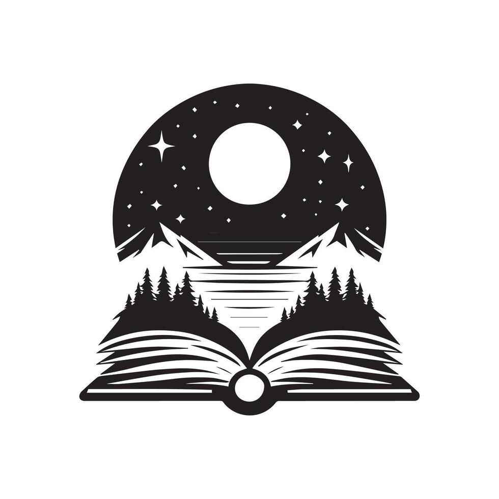 An open book with mountains and trees in the background vector