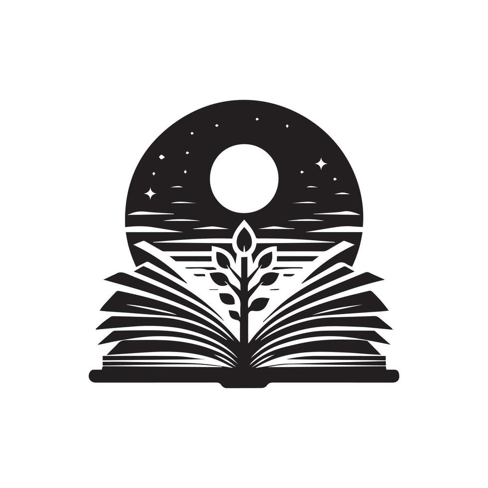 An open book with a tree and moon in the background vector