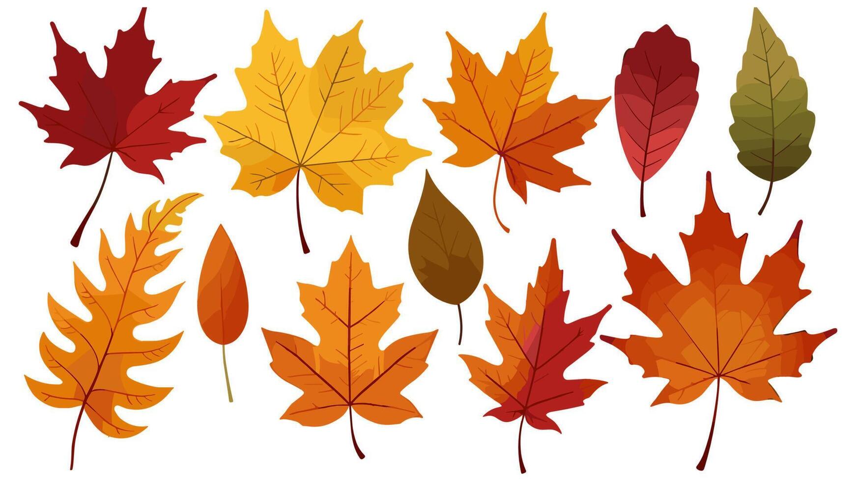 Collection of autumn leaves icons, showcasing various tree leaves for use in holiday greeting cards and seasonal designs. vector