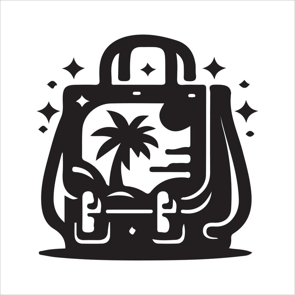 A black and white illustration of a suitcase with palm trees vector
