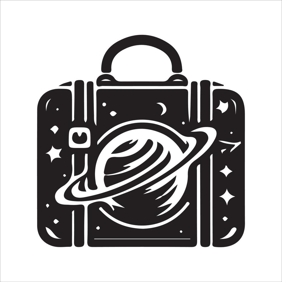 A black and white illustration of a suitcase with saturn and planets vector