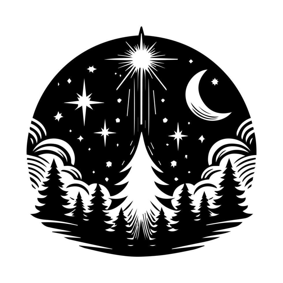 A black and white illustration of a forest and stars vector