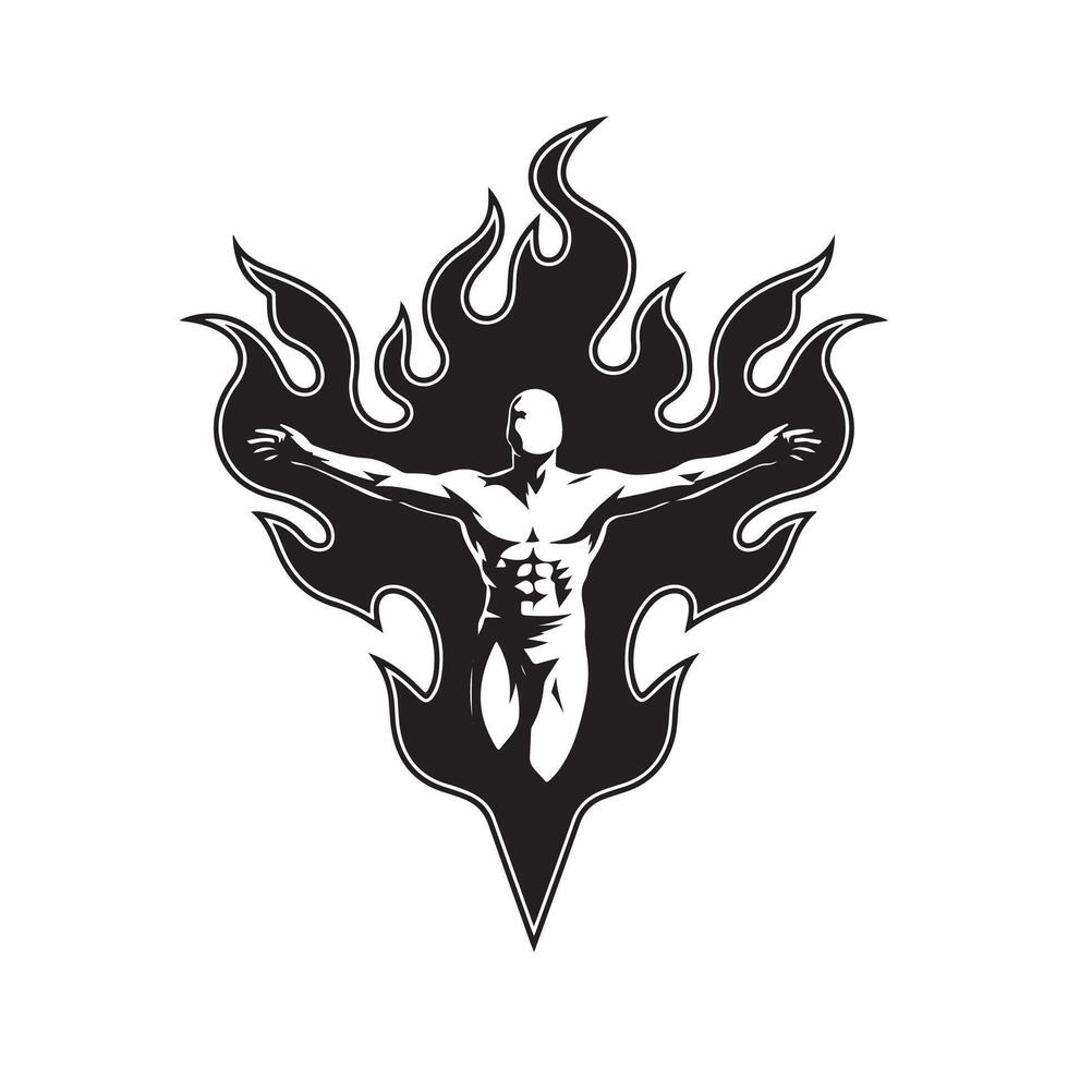 A man with flames on his body is shown in a logo vector