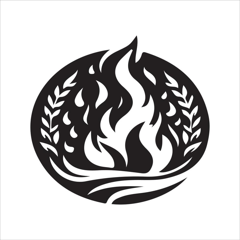 A black and white logo of a fire with leaves vector