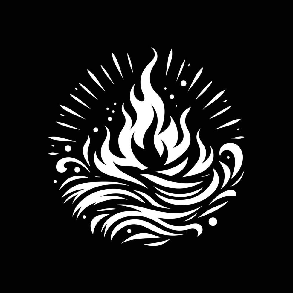 A black and white logo with a fire and waves vector