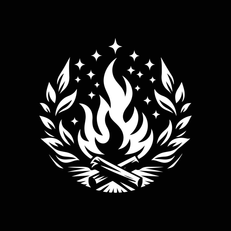 A white logo with flames and stars vector