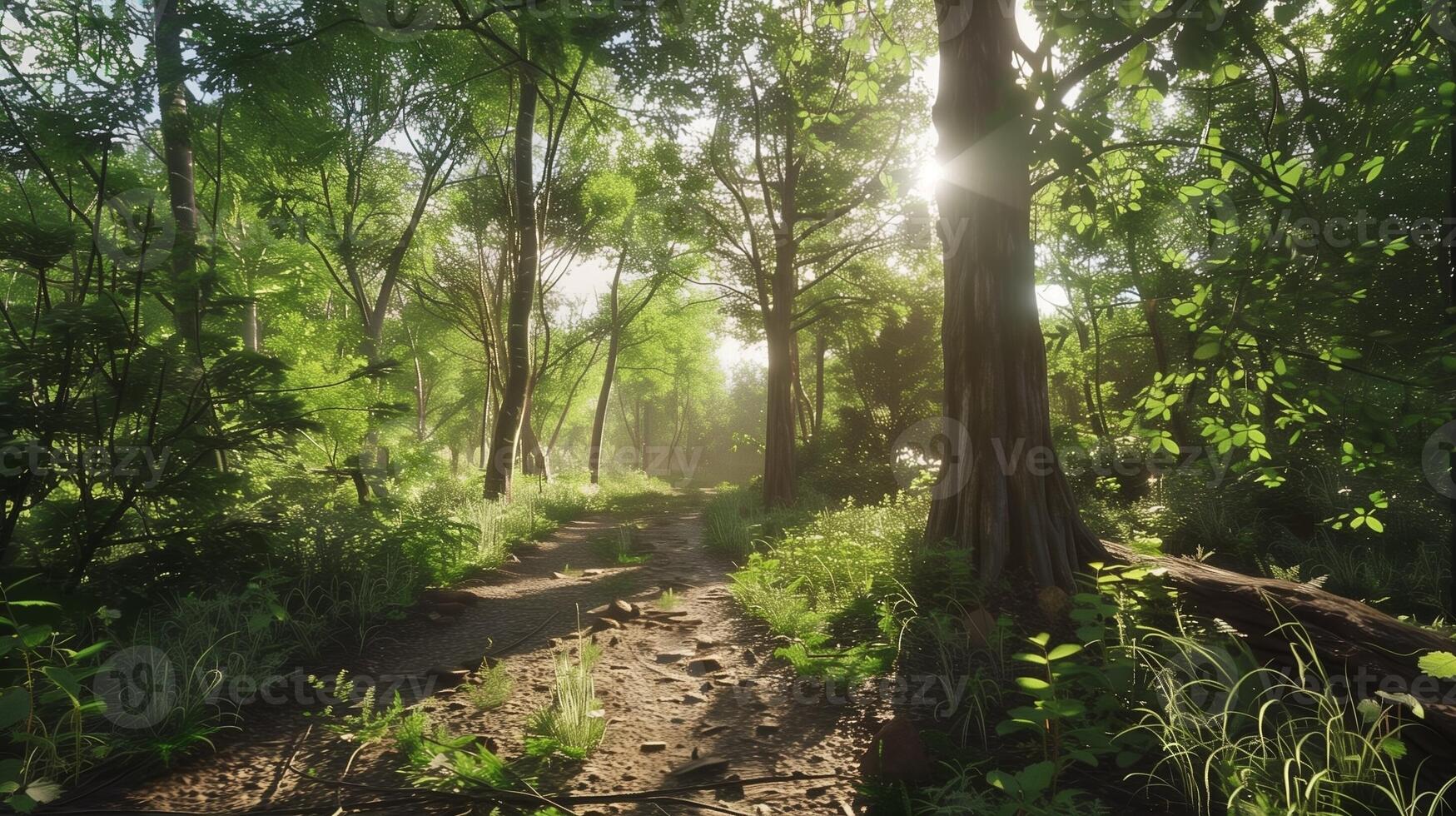 Deep forest green trees with small dirt road and sun light photo