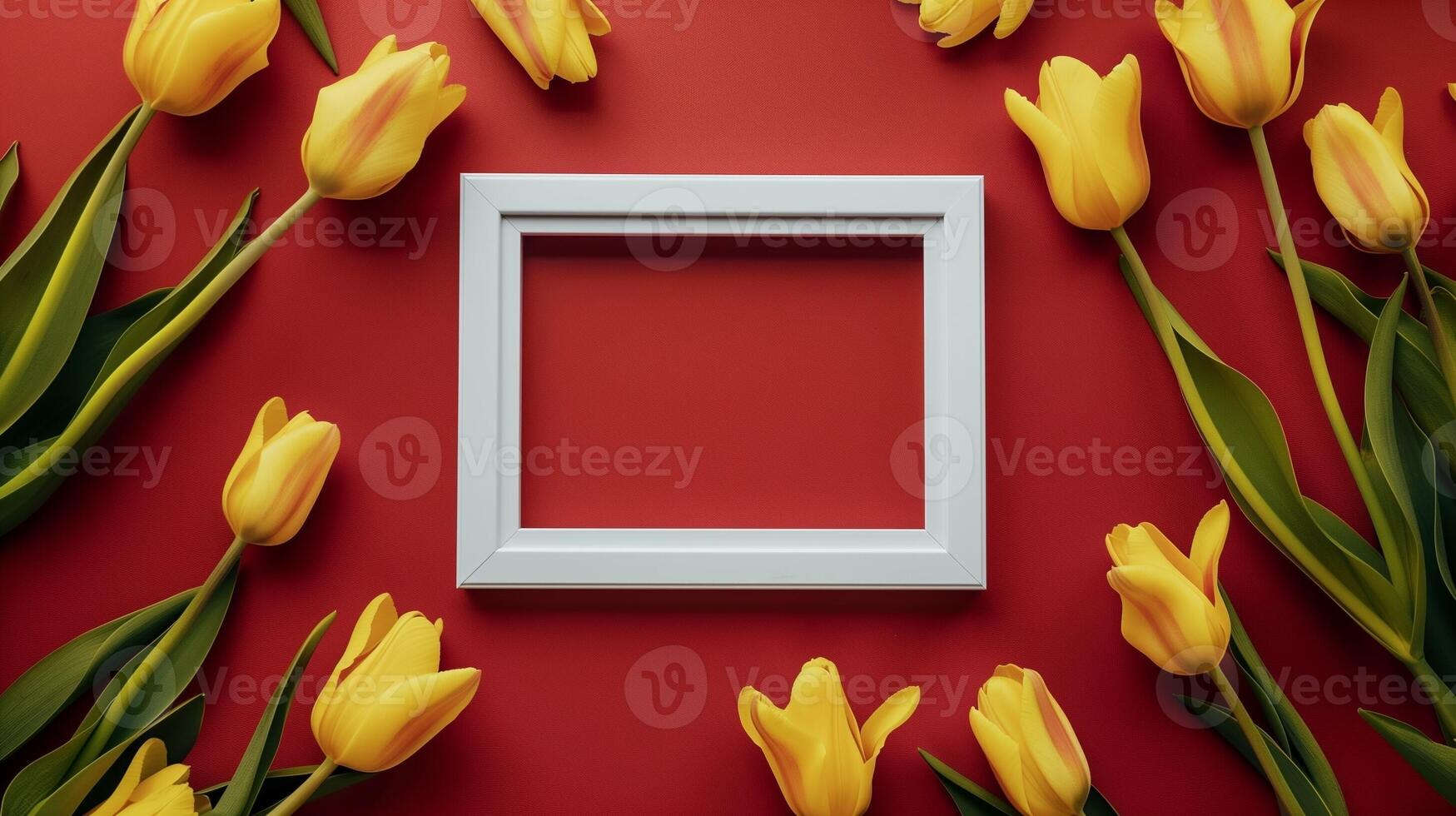 White blank frame in center, yellow tulip flower green leaves rounded red background photo