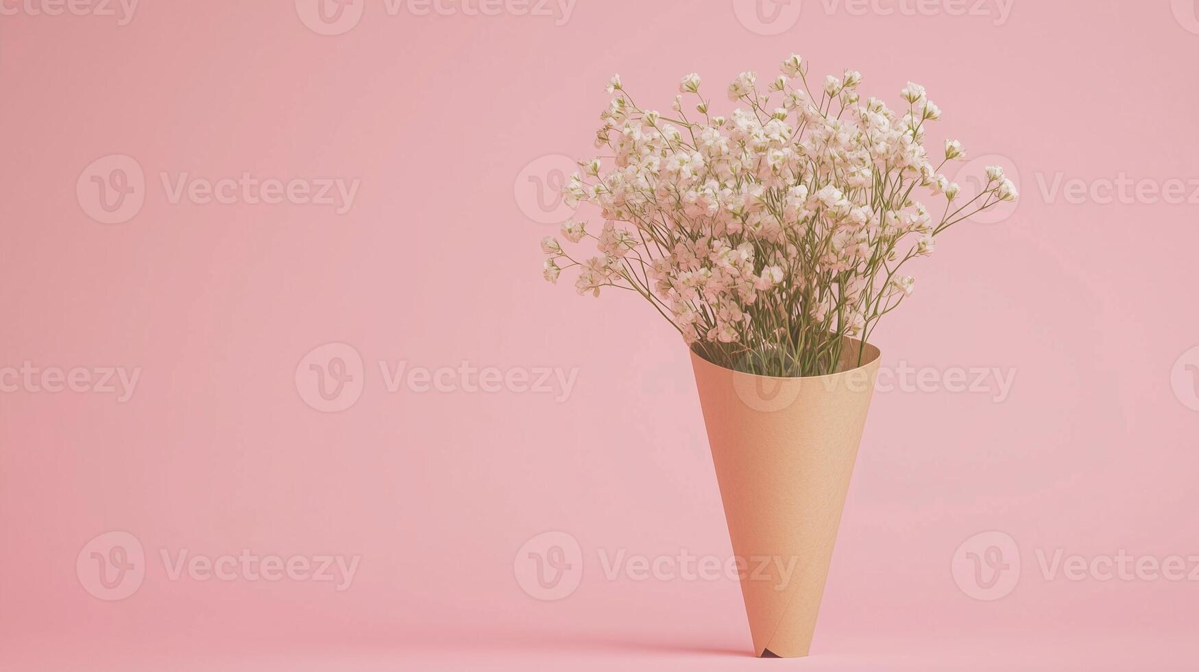 Babys breath flower bouquet on brown paper wrapped copy space background photo