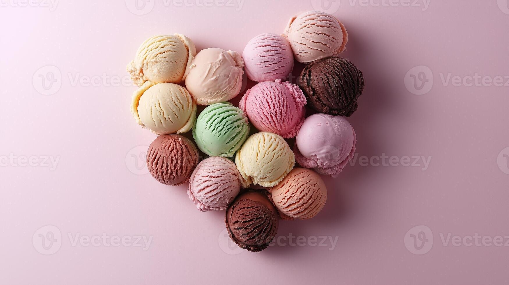 Sweet ice cream scoops are arranged in a heart-shaped arrangement flat lay view photo