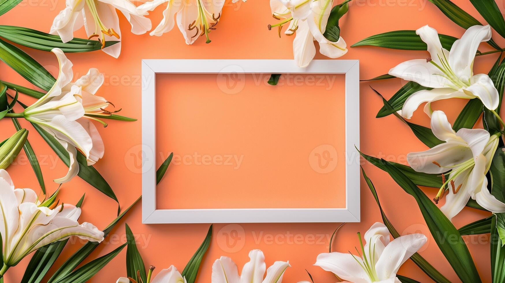 White frame square and white lily flower rounded decoration peach background photo