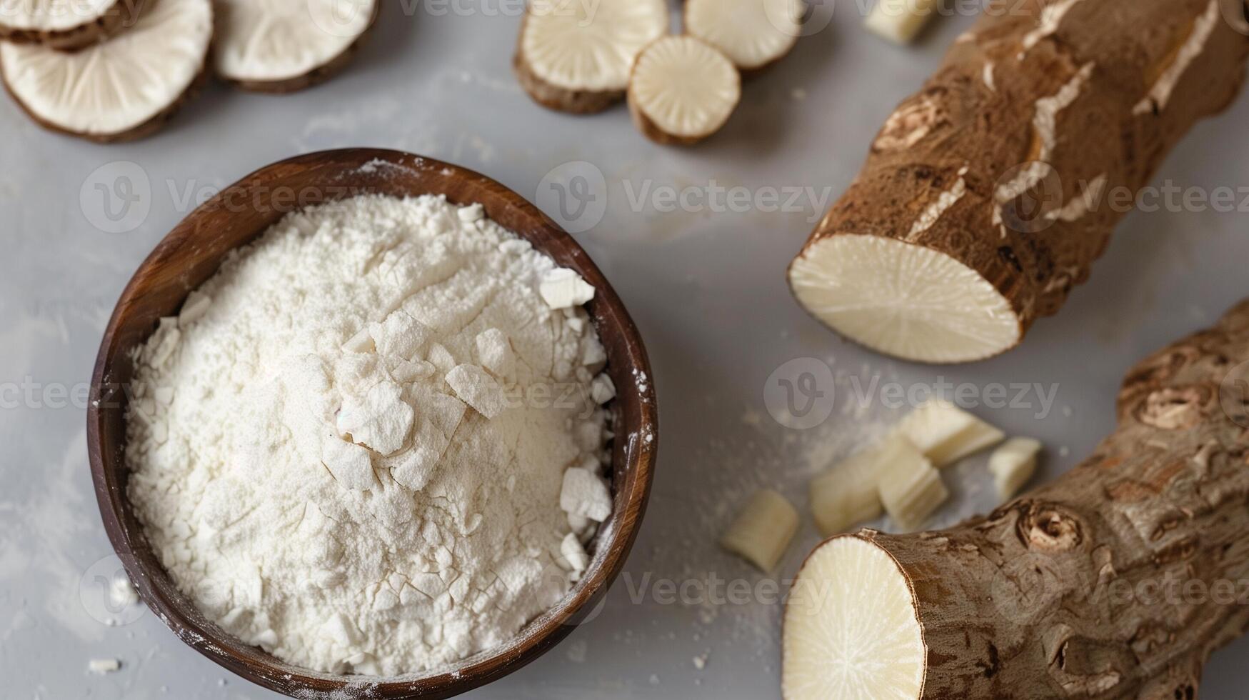 Cassava root flour gluten free on wooden bowl for healthy bread photo