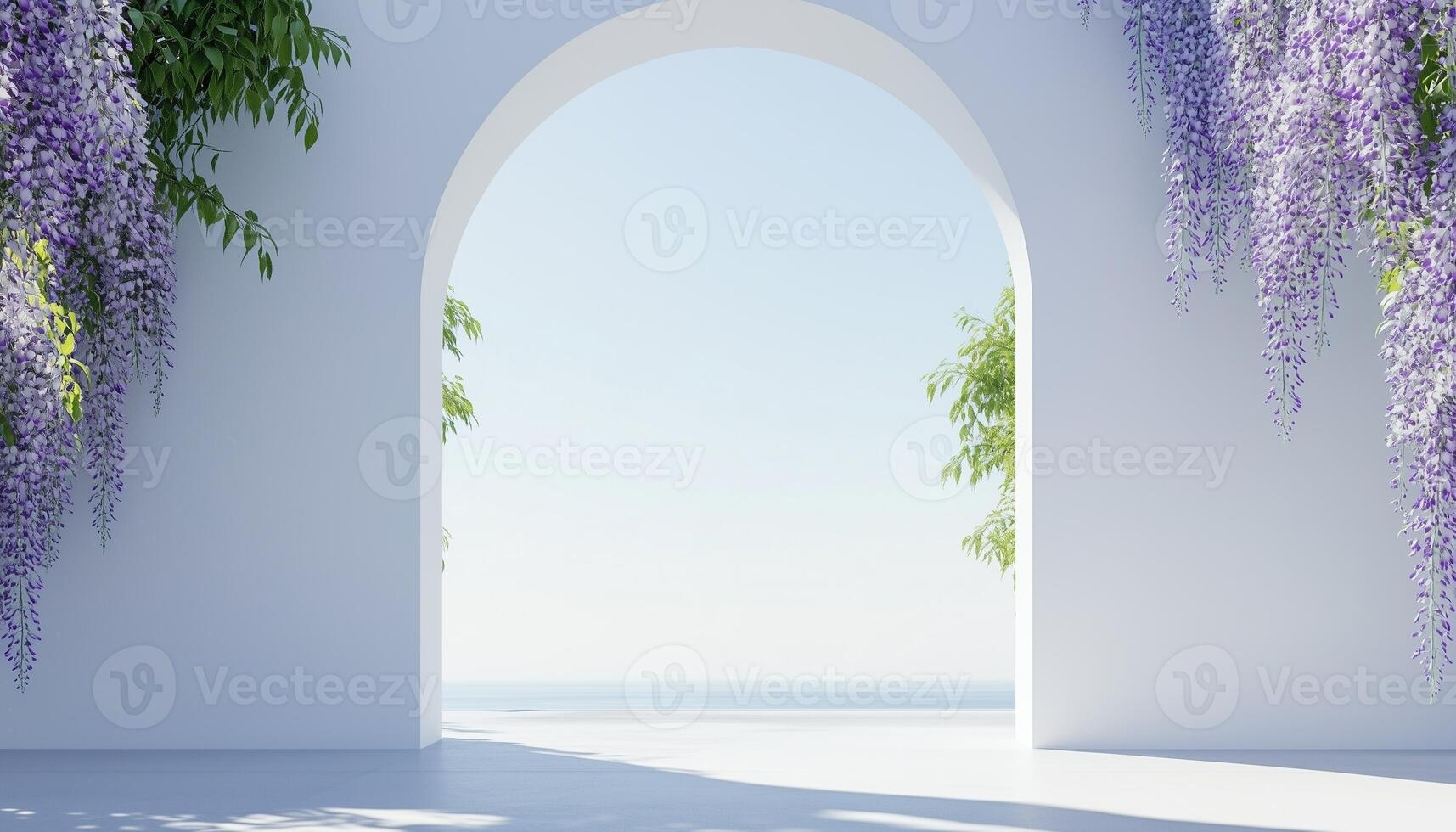 White archway gate and wisteria flower decoration on side with sky view photo