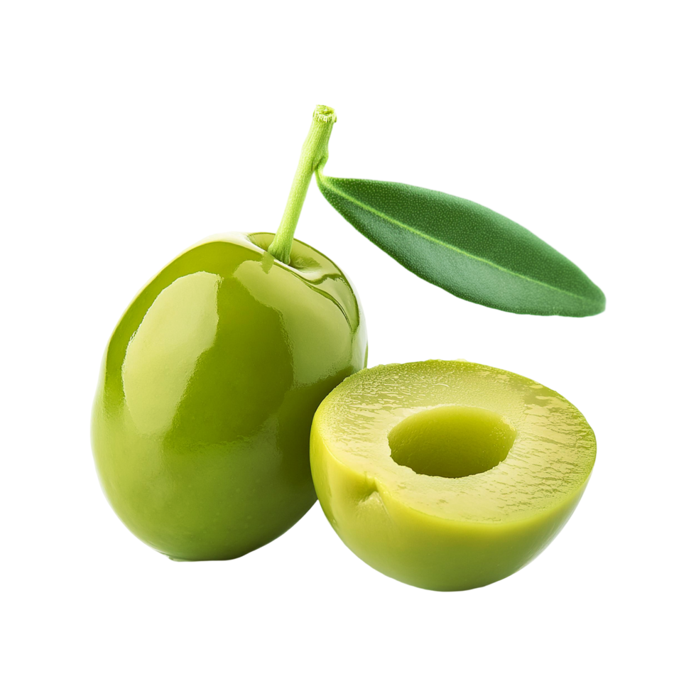 Fresh olive with slice and leaf on transparent background png