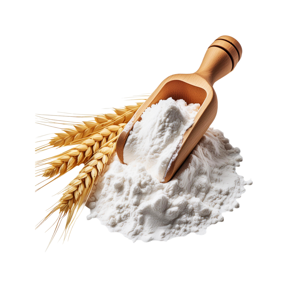 Wooden scoop of flour with wheat bunch on transparent background png