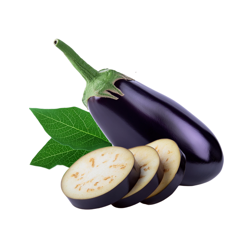 Fresh Brinjal vegetable with slice and leaf on transparent background png