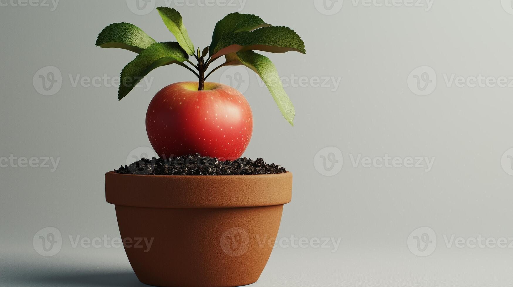 Mini plant red apple on clay pot and soil for decoration nature care and healthy food lifestyle photo