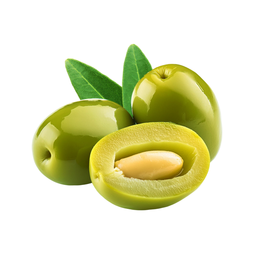 Fresh olive fruit with slice and leaf on transparent background png