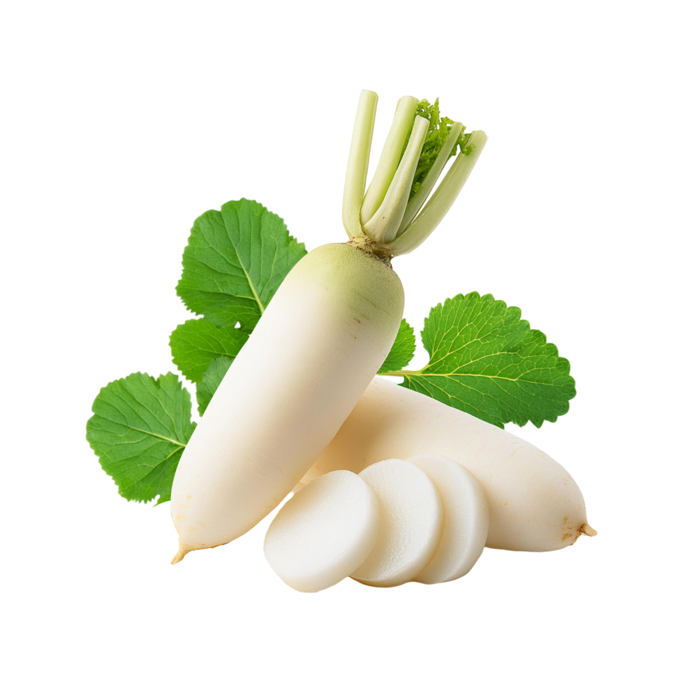 White radish with slices and leaf on transparent background png