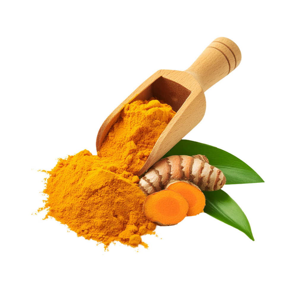 Realistic Wooden scoop of turmeric powder with slice and leaf on transparent background png