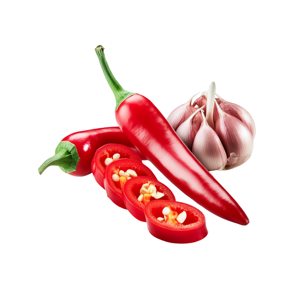 Garlic with red chili slice on transparent background png