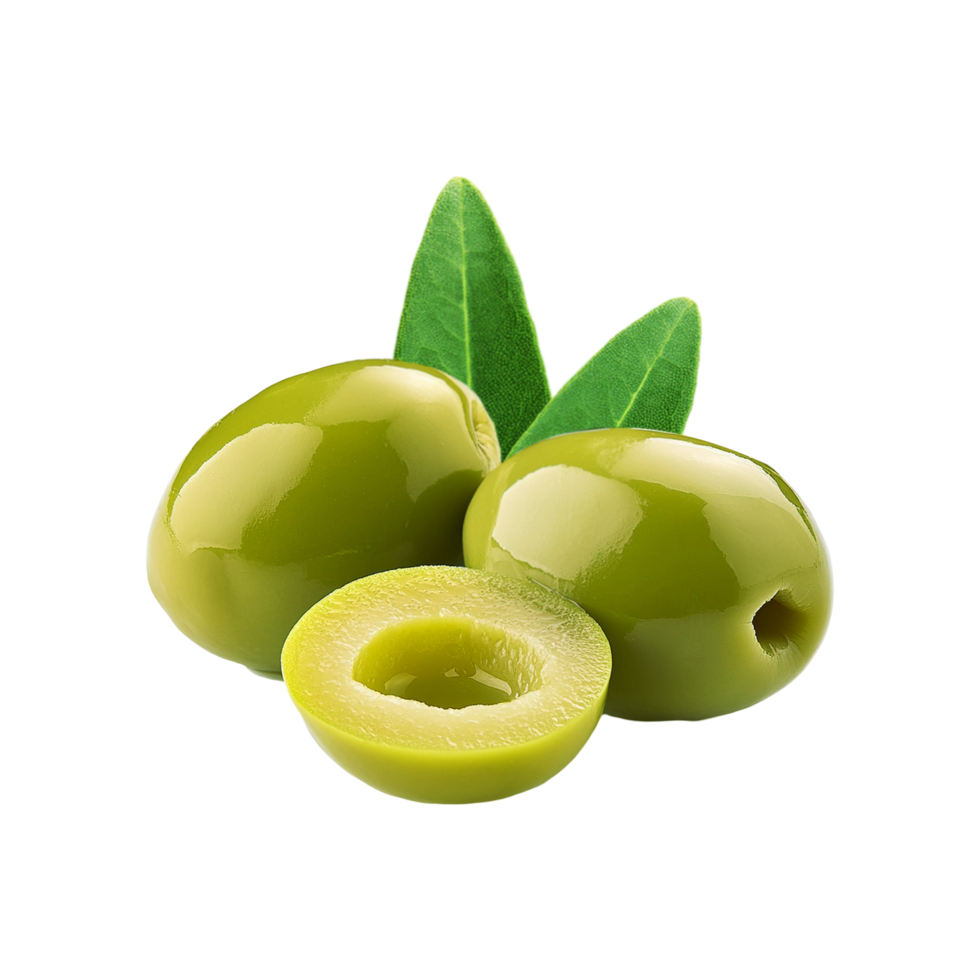 olive fruit with slice and leaf on transparent background png