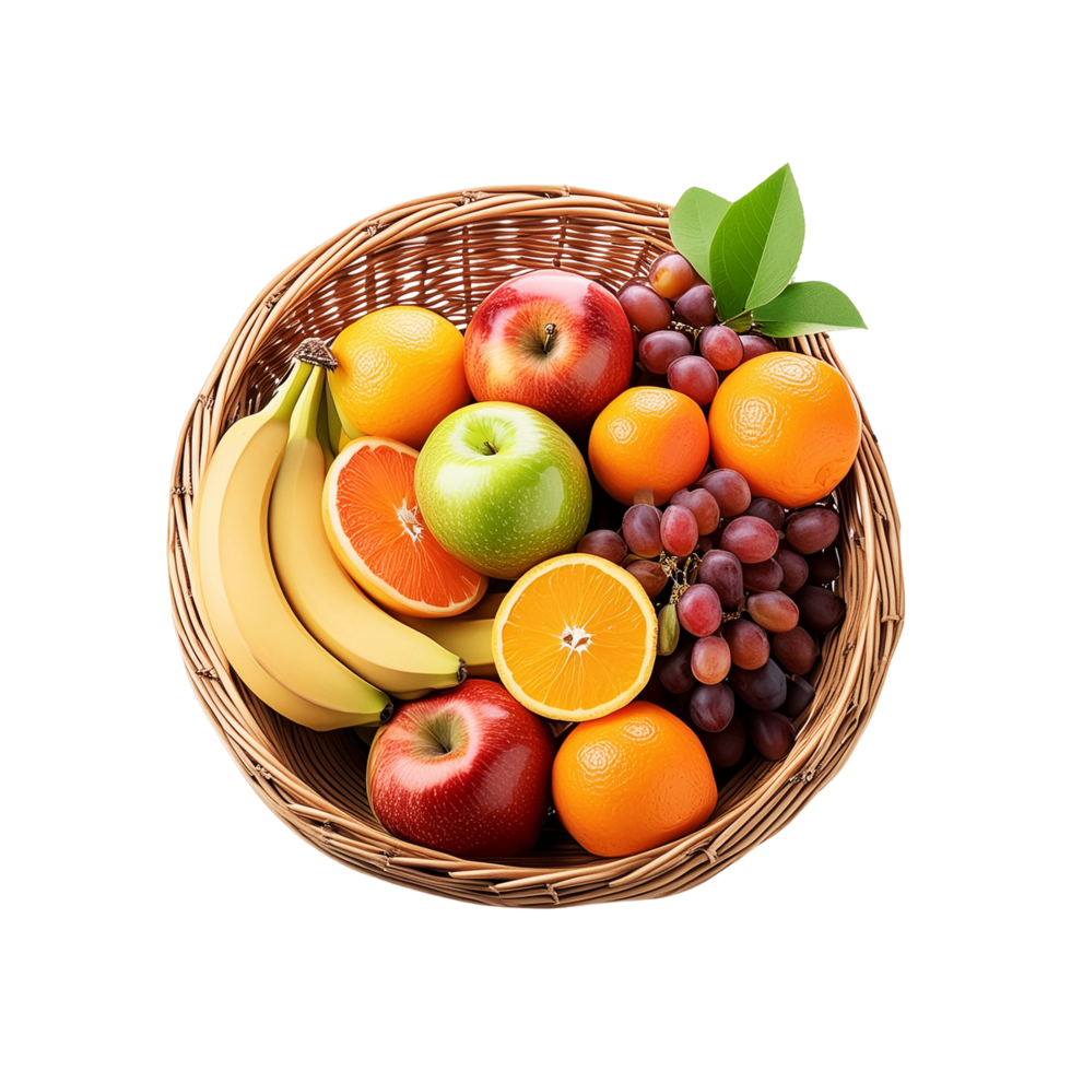 Top view of fruits basket on transparent background png