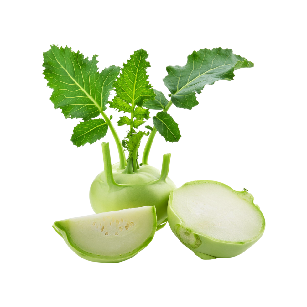 Fresh kohlrabi Vegetable with slices and leaf on transparent background png