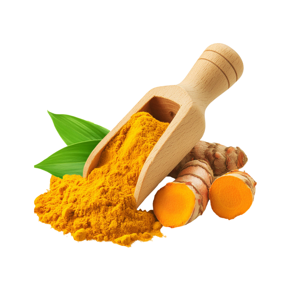 Fresh Turmeric powder in realistic wooden scoop on transparent background png