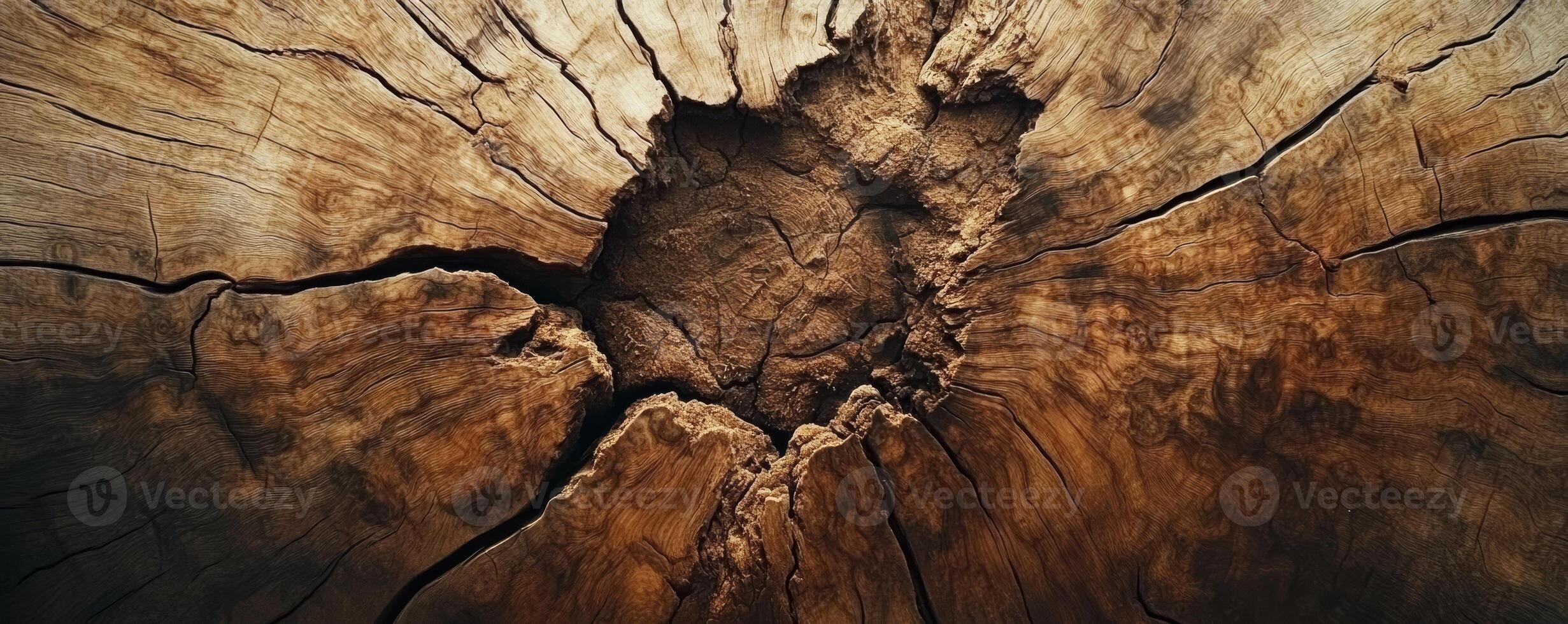 Close-up of cracked tree stump with intricate wood texture. Nature's patterns and aging concept photo