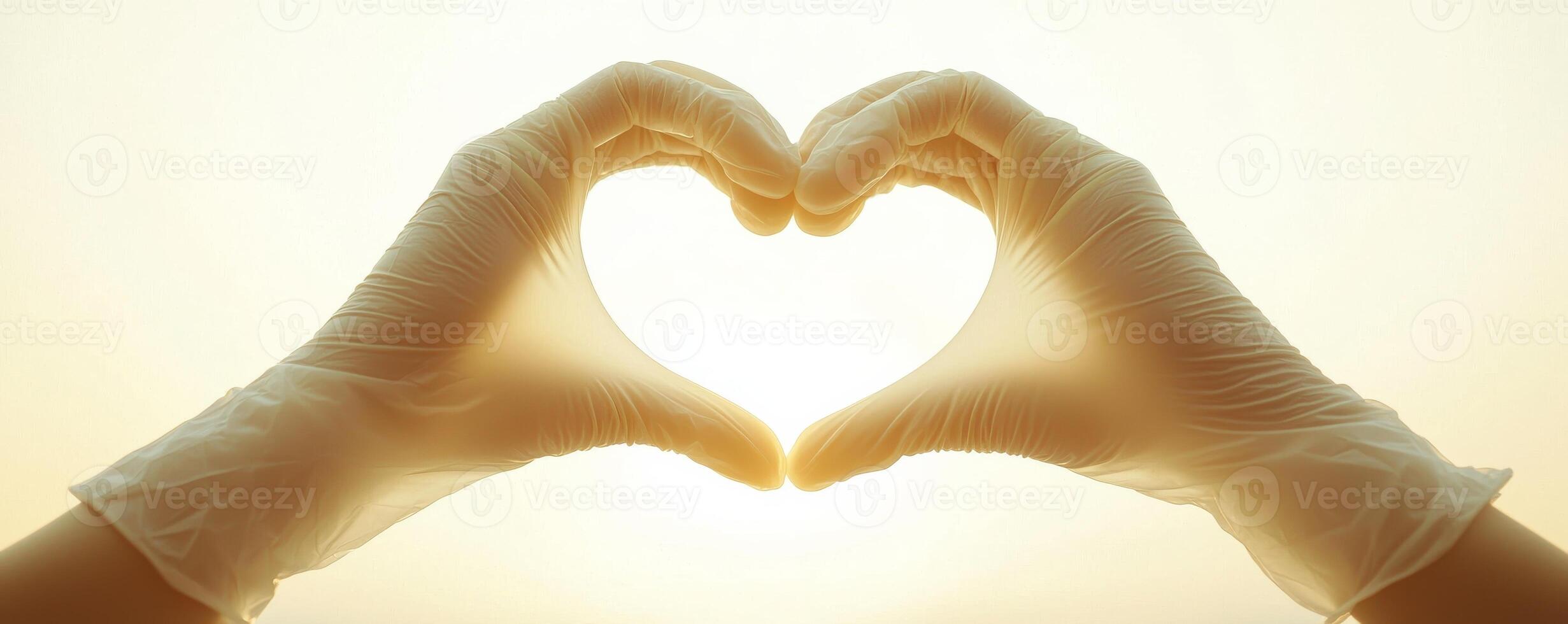Hands in medical gloves forming a heart shape against sunset light, healthcare and compassion concept photo
