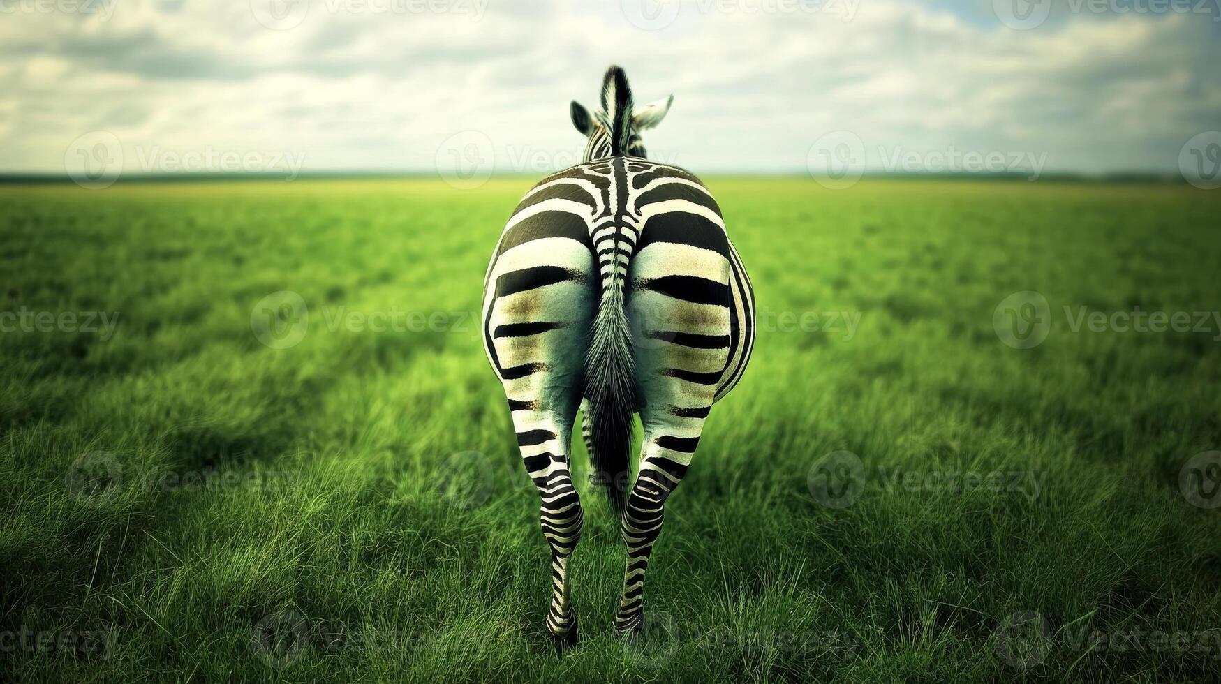 Zebra standing in green field, rear view. Wildlife and nature concept photo