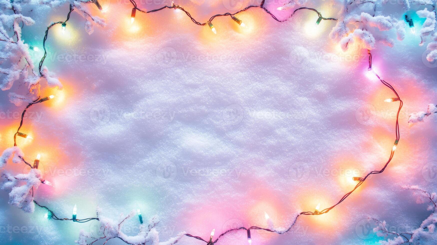 Snowy background with colorful christmas lights, winter holiday concept photo